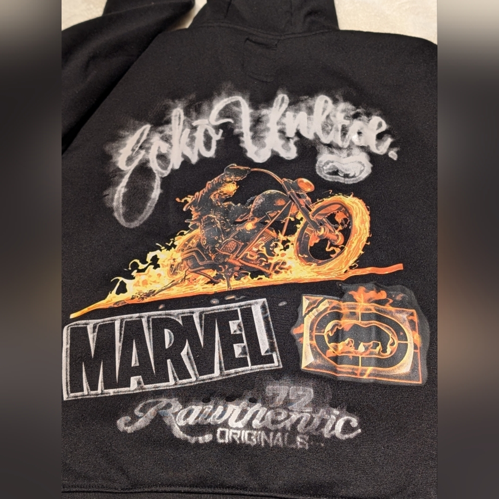 Marvel x Ecko Unltd Ghost Rider Hoodie Sz L Black Flame Motorcycle Graphic Y2K